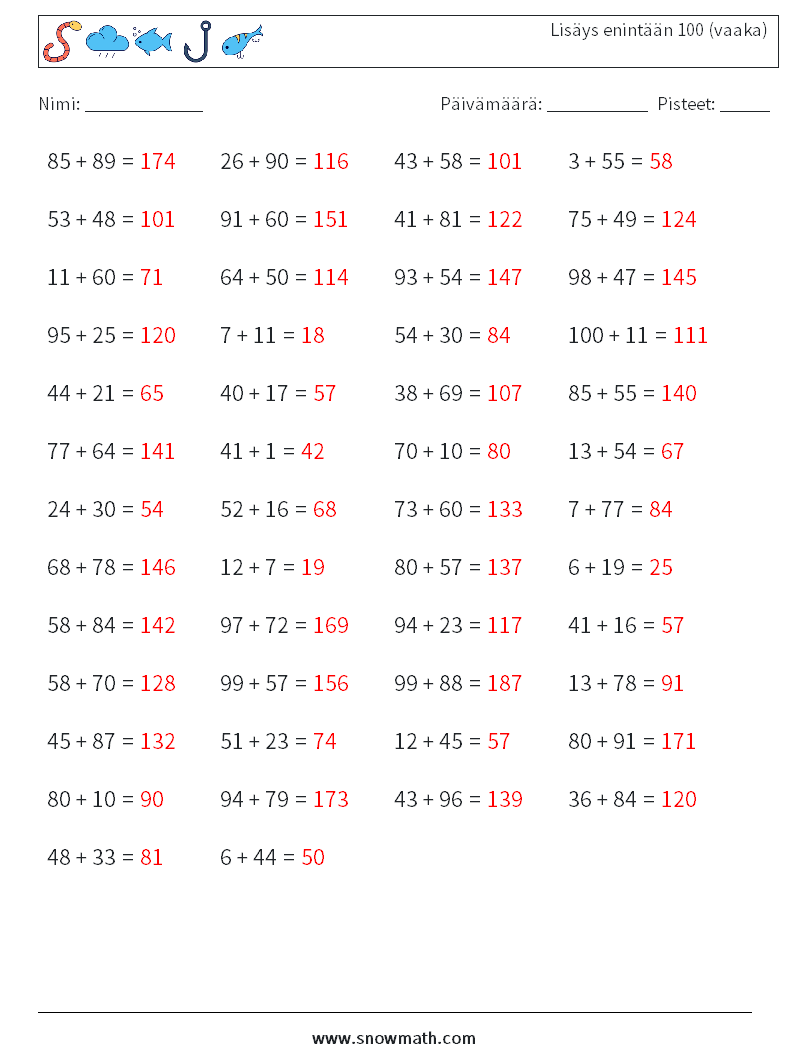 (50) Lisäys enintään 100 (vaaka) Matematiikan laskentataulukot 7 Kysymys, vastaus