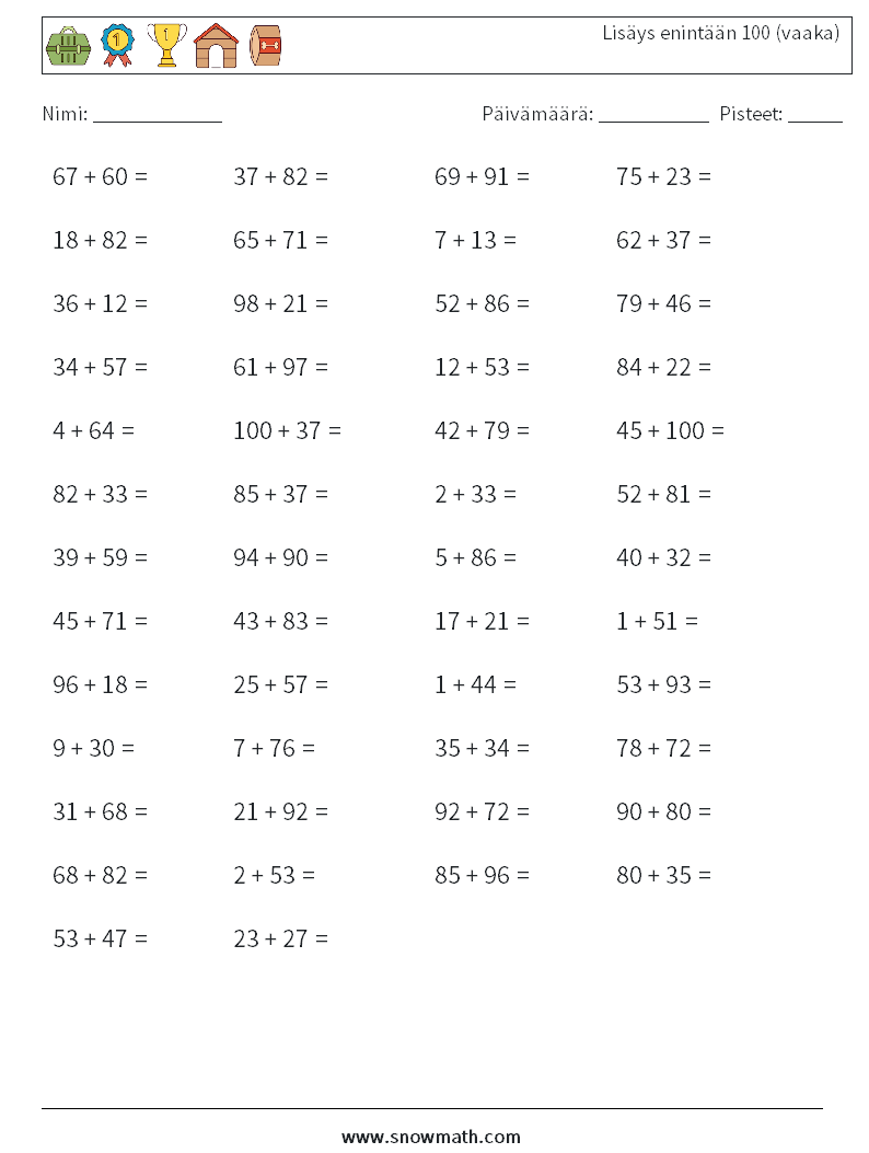 (50) Lisäys enintään 100 (vaaka) Matematiikan laskentataulukot 8