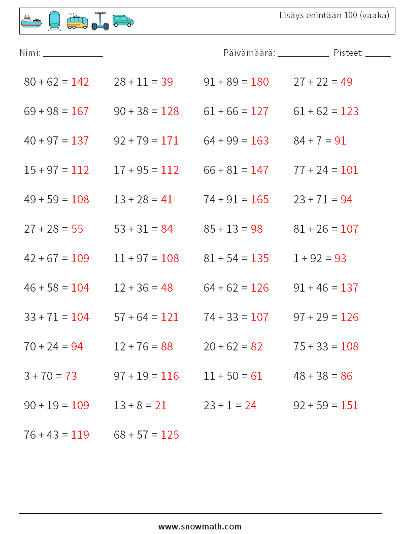 (50) Lisäys enintään 100 (vaaka) Matematiikan laskentataulukot 9 Kysymys, vastaus