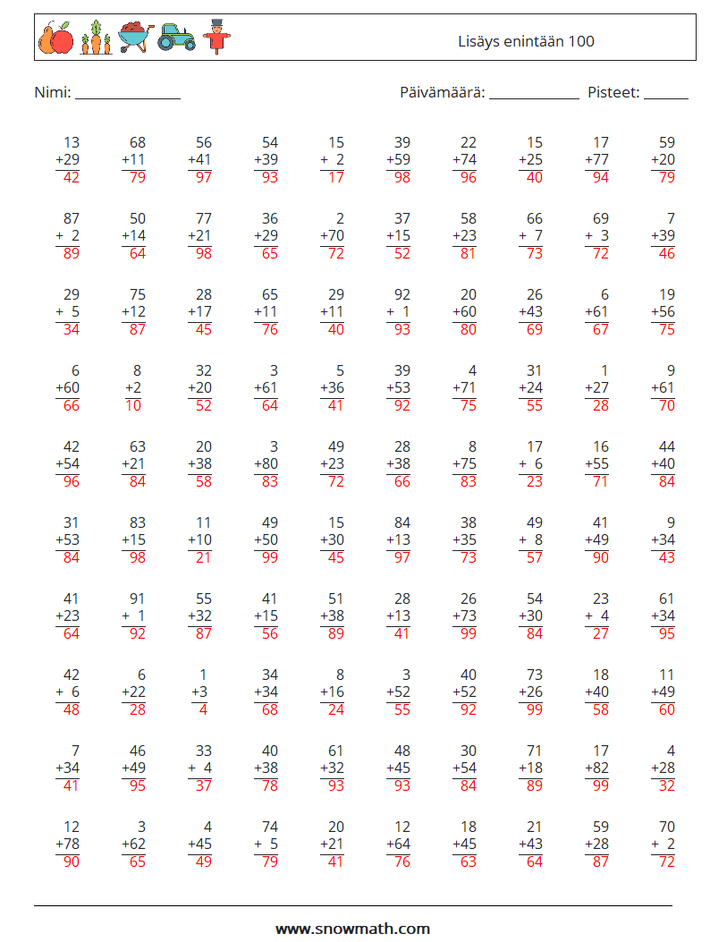 (100) Lisäys enintään 100 Matematiikan laskentataulukot 13 Kysymys, vastaus