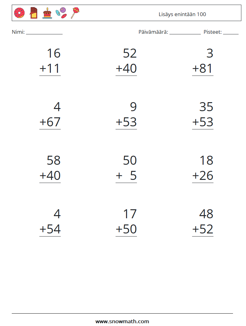 (12) Lisäys enintään 100 Matematiikan laskentataulukot 1