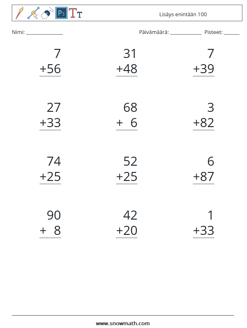 (12) Lisäys enintään 100 Matematiikan laskentataulukot 11