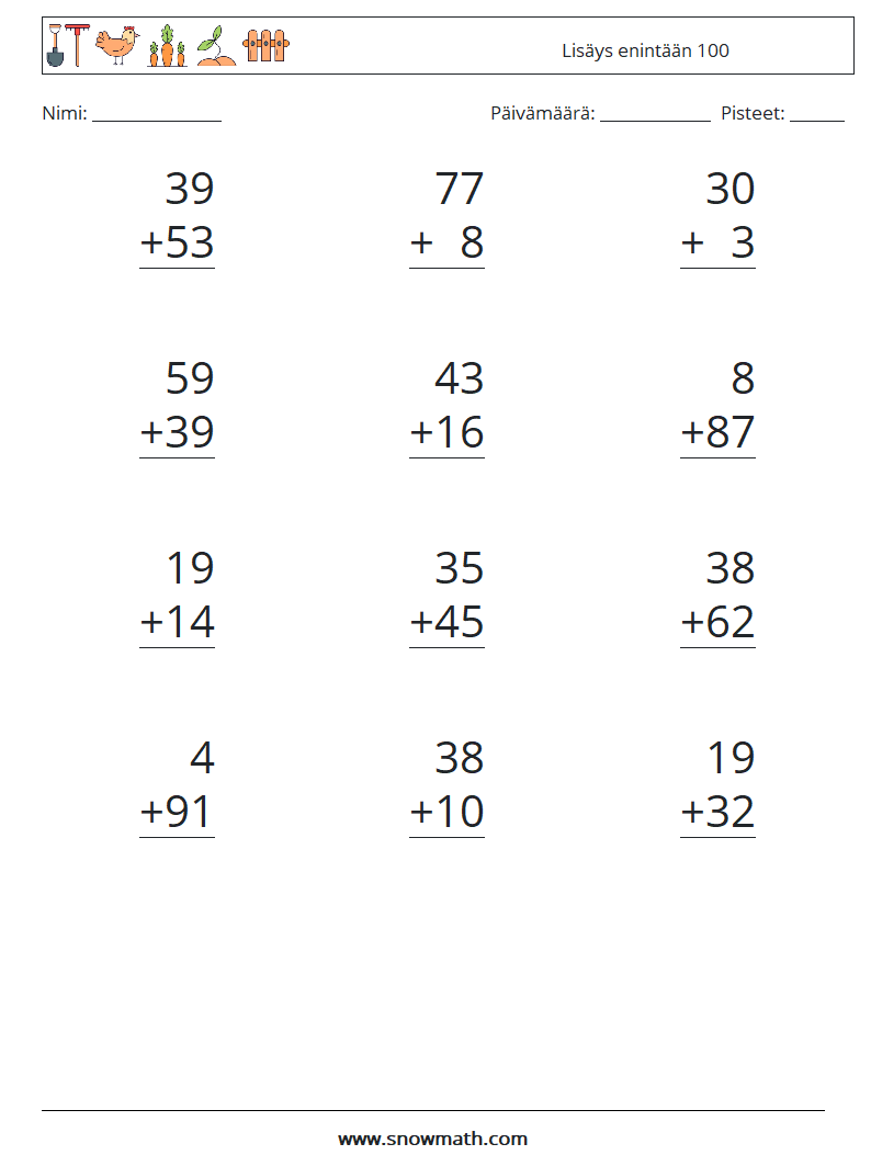 (12) Lisäys enintään 100 Matematiikan laskentataulukot 12