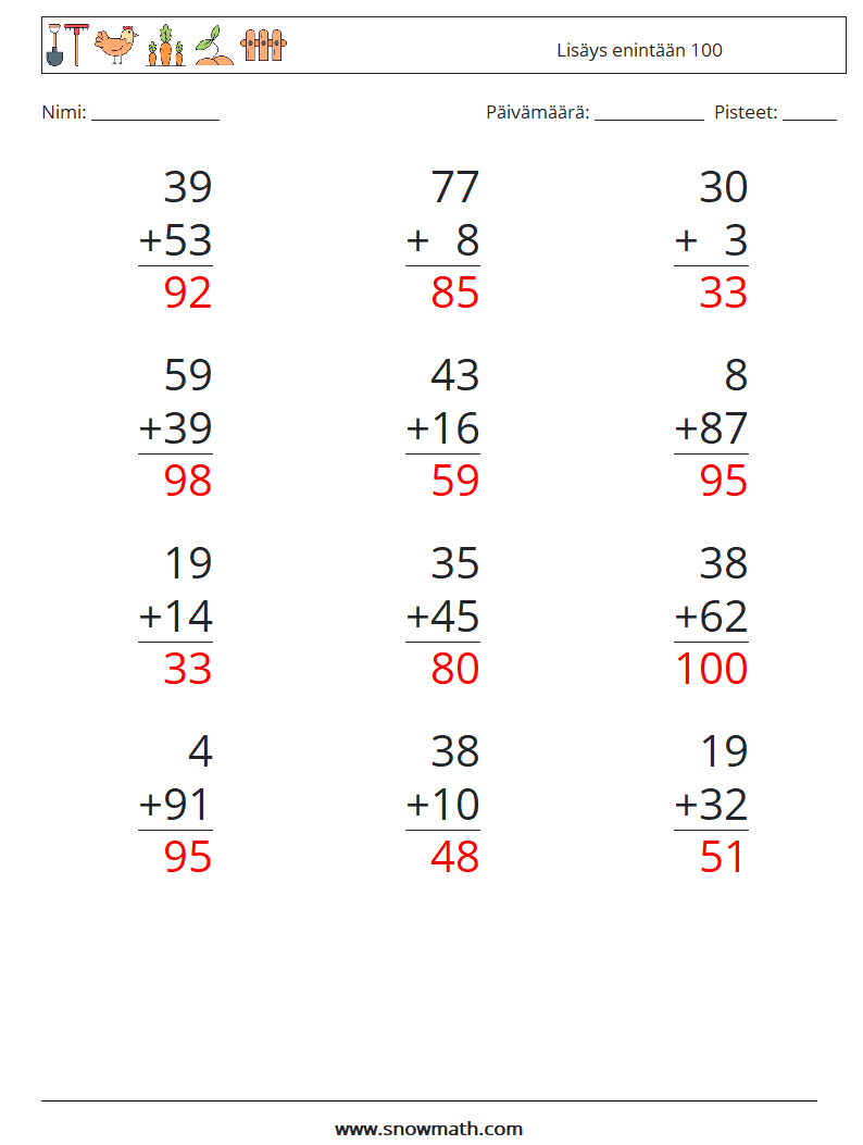 (12) Lisäys enintään 100 Matematiikan laskentataulukot 12 Kysymys, vastaus