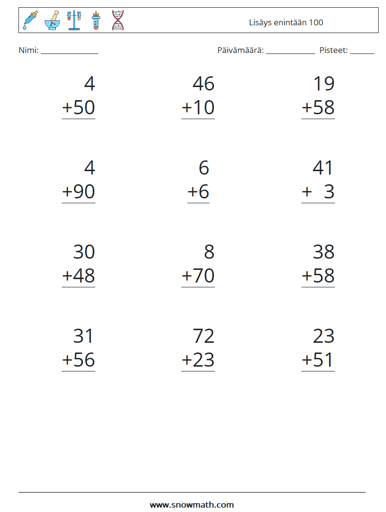 (12) Lisäys enintään 100 Matematiikan laskentataulukot 14