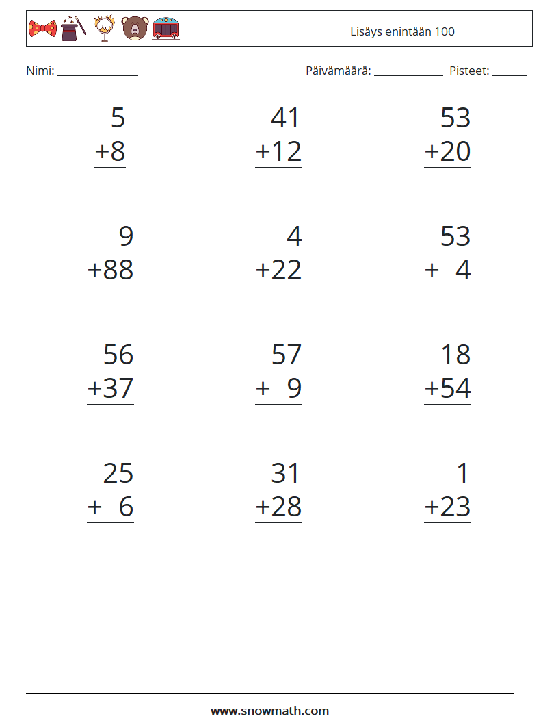 (12) Lisäys enintään 100 Matematiikan laskentataulukot 16