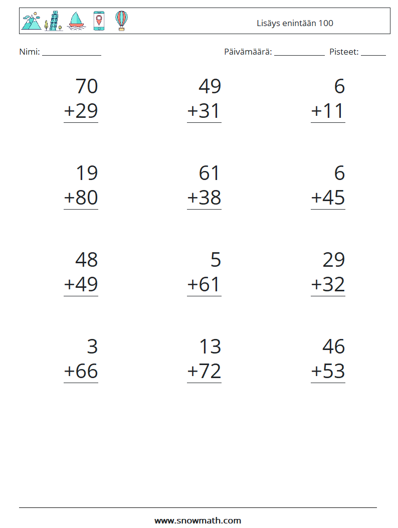 (12) Lisäys enintään 100 Matematiikan laskentataulukot 18