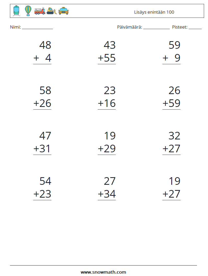 (12) Lisäys enintään 100 Matematiikan laskentataulukot 4