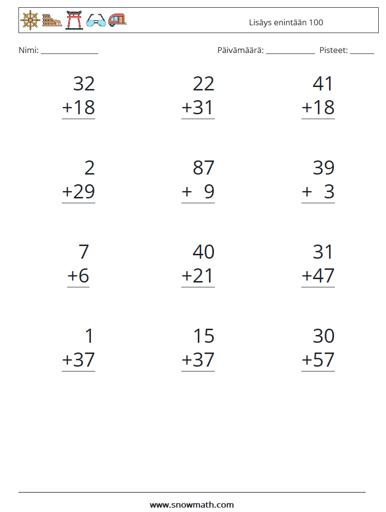 (12) Lisäys enintään 100 Matematiikan laskentataulukot 5