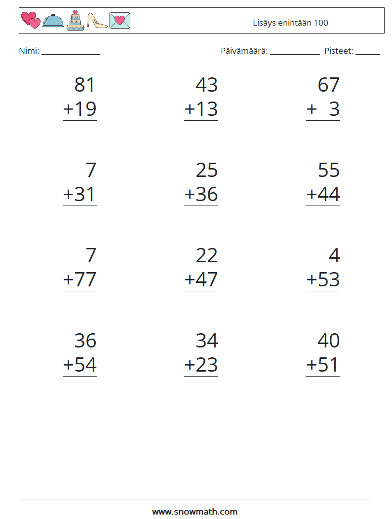 (12) Lisäys enintään 100 Matematiikan laskentataulukot 7