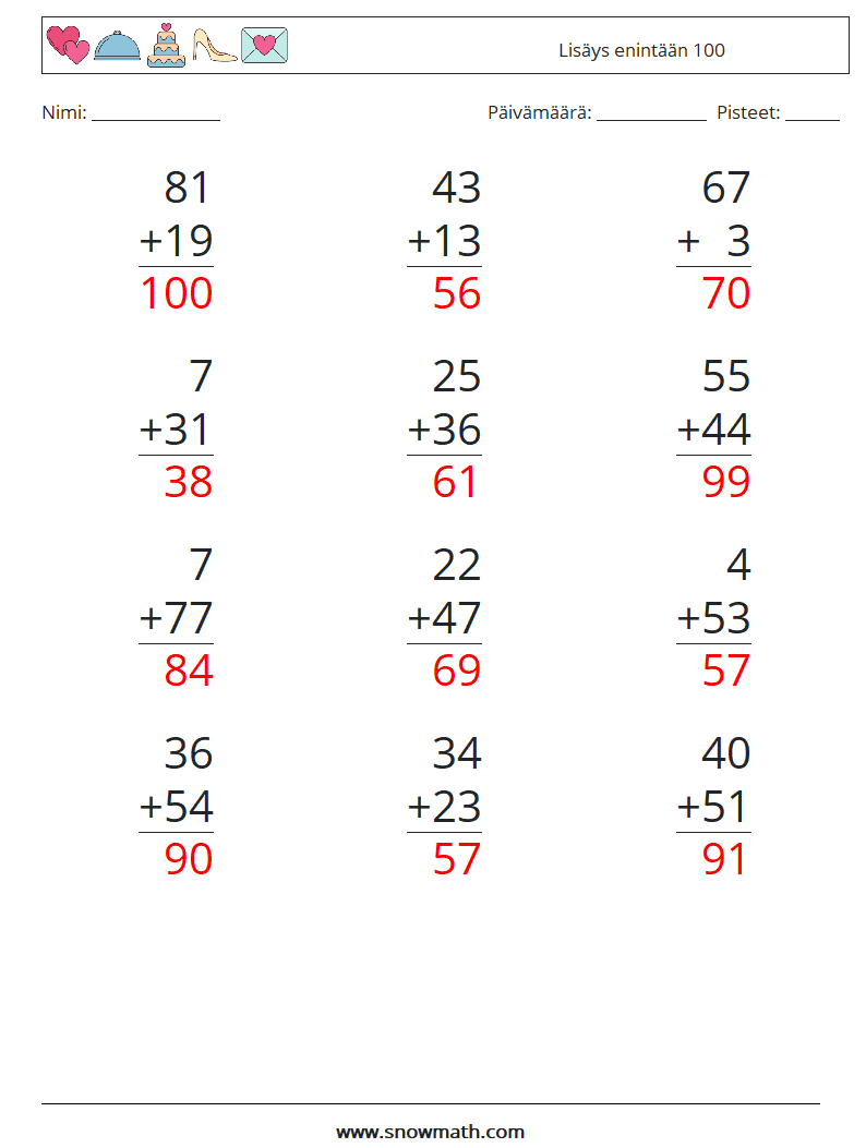 (12) Lisäys enintään 100 Matematiikan laskentataulukot 7 Kysymys, vastaus