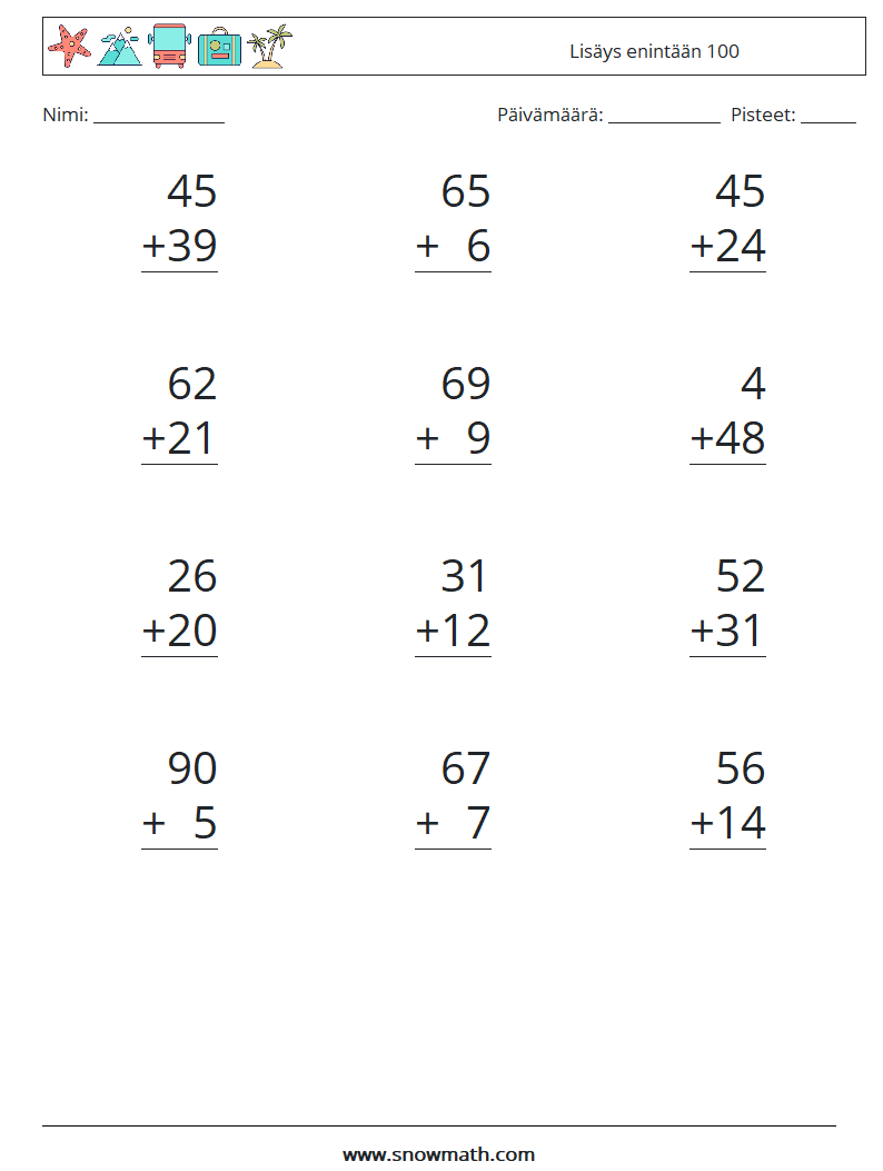 (12) Lisäys enintään 100 Matematiikan laskentataulukot 8