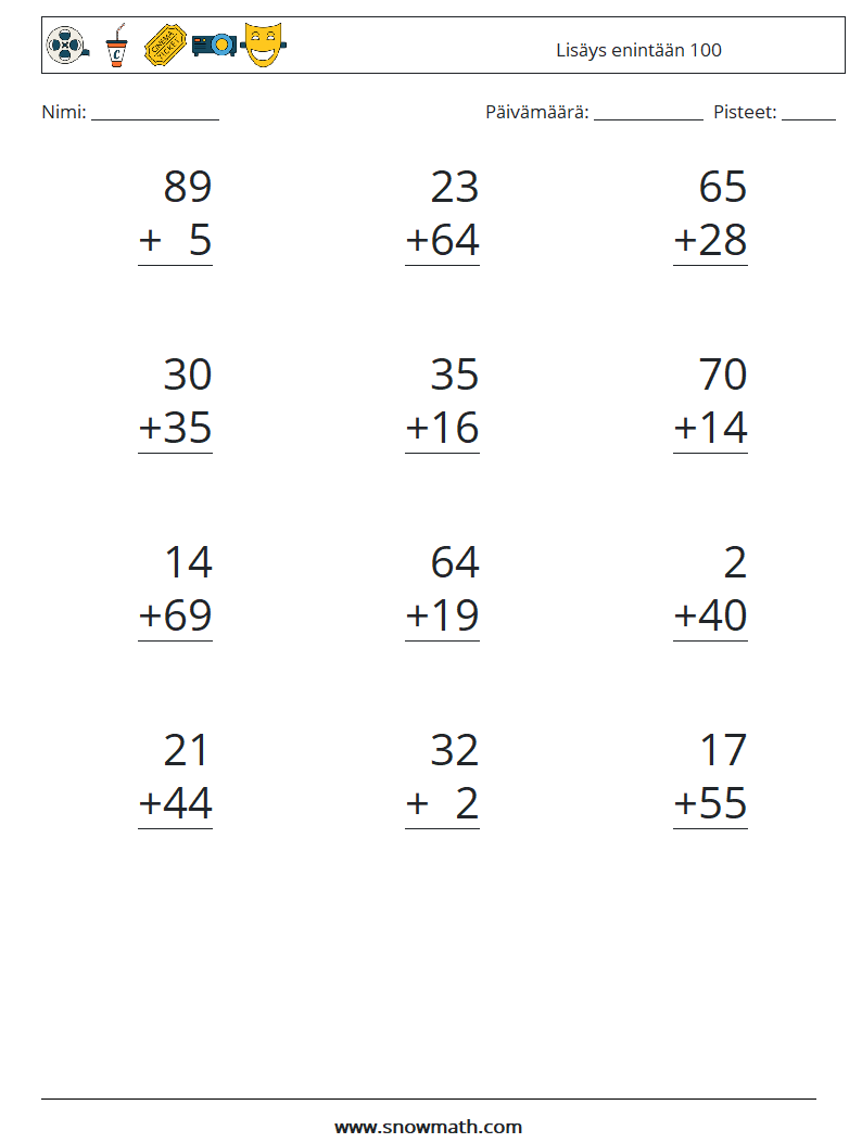 (12) Lisäys enintään 100 Matematiikan laskentataulukot 9