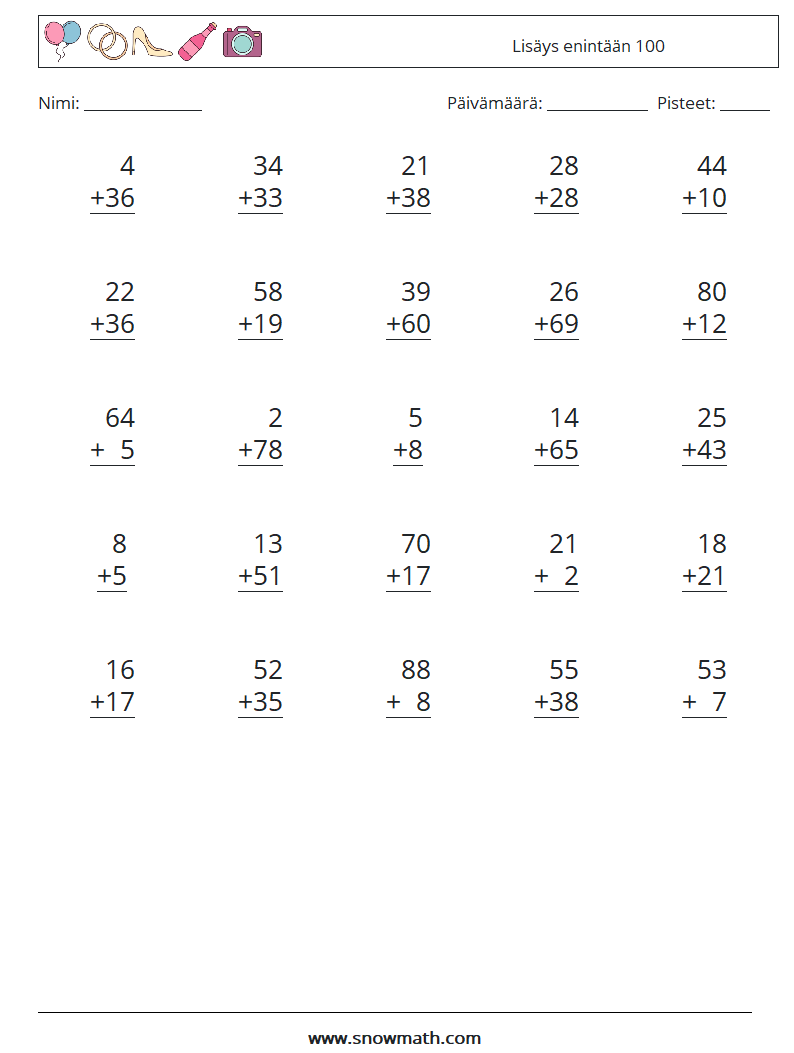 (25) Lisäys enintään 100 Matematiikan laskentataulukot 1