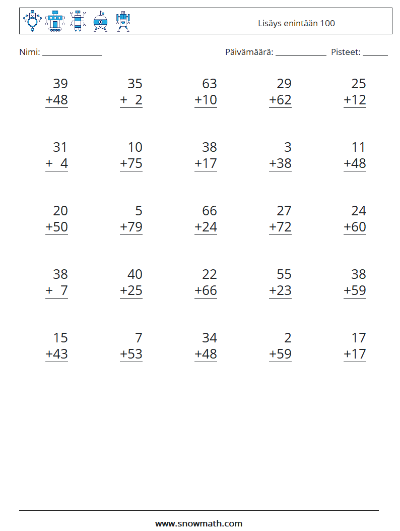 (25) Lisäys enintään 100 Matematiikan laskentataulukot 10