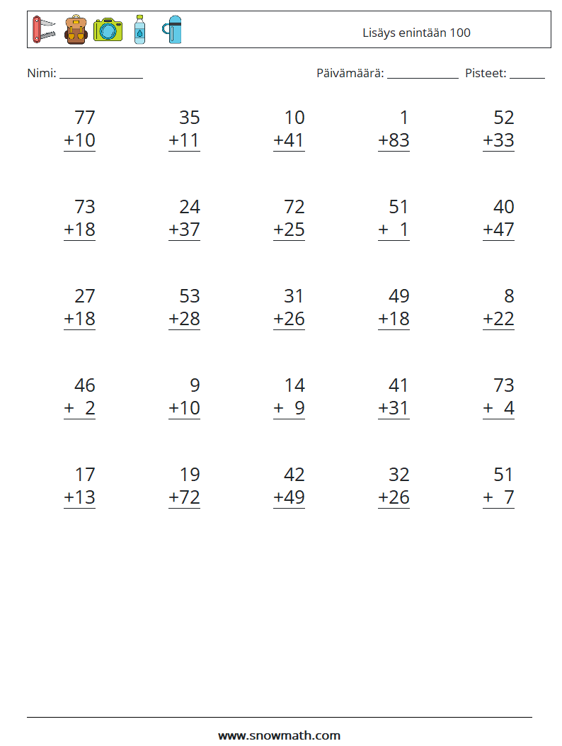 (25) Lisäys enintään 100 Matematiikan laskentataulukot 12