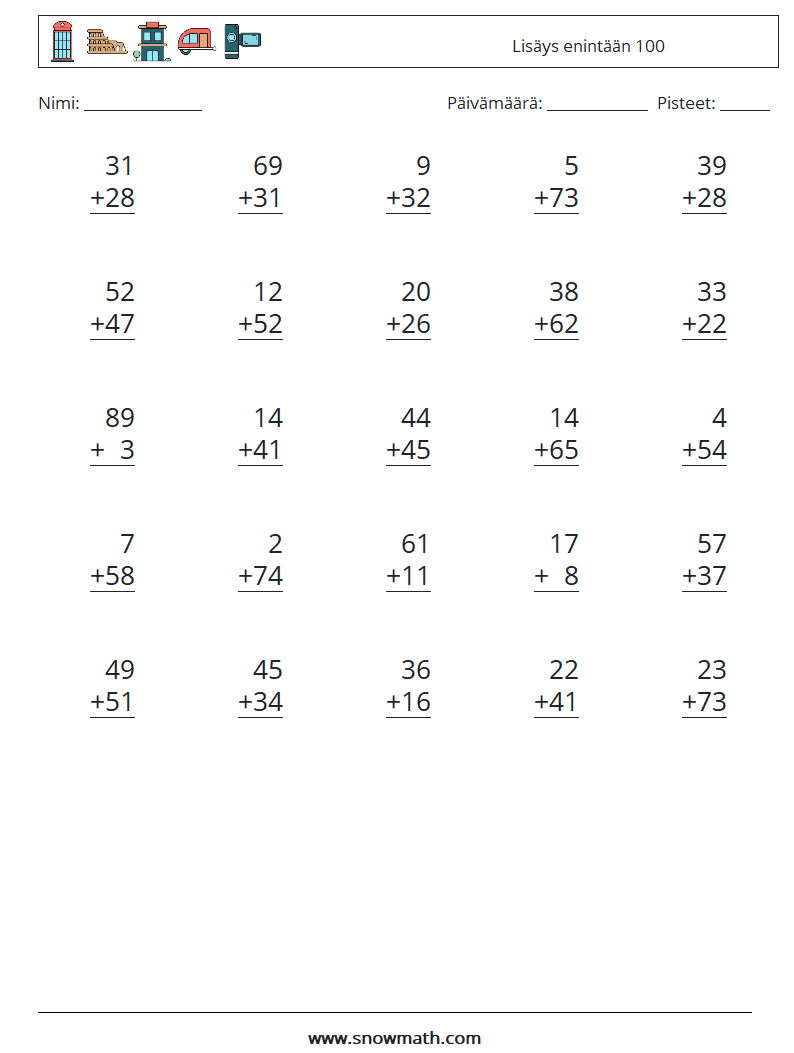 (25) Lisäys enintään 100 Matematiikan laskentataulukot 14