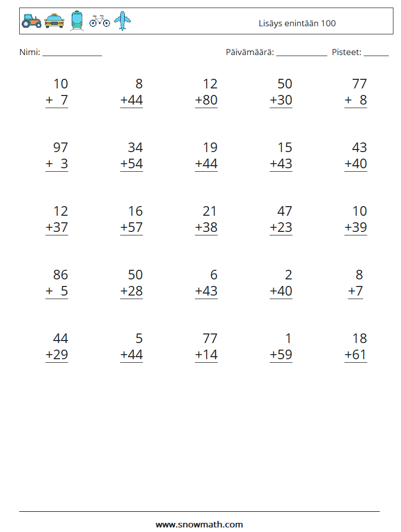 (25) Lisäys enintään 100 Matematiikan laskentataulukot 15