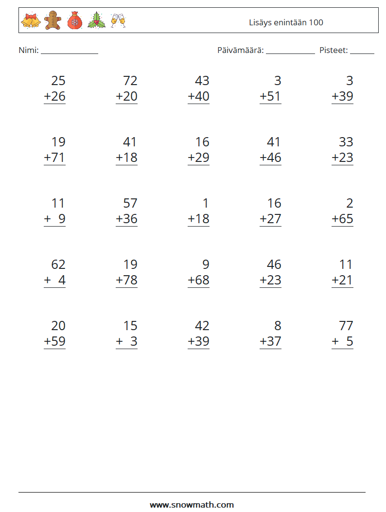 (25) Lisäys enintään 100 Matematiikan laskentataulukot 16