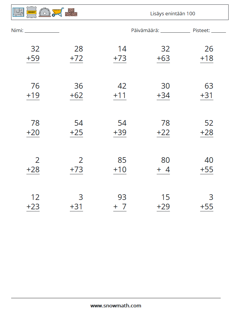 (25) Lisäys enintään 100 Matematiikan laskentataulukot 17