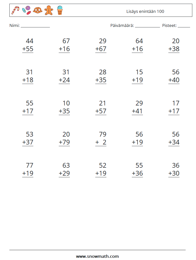 (25) Lisäys enintään 100 Matematiikan laskentataulukot 18