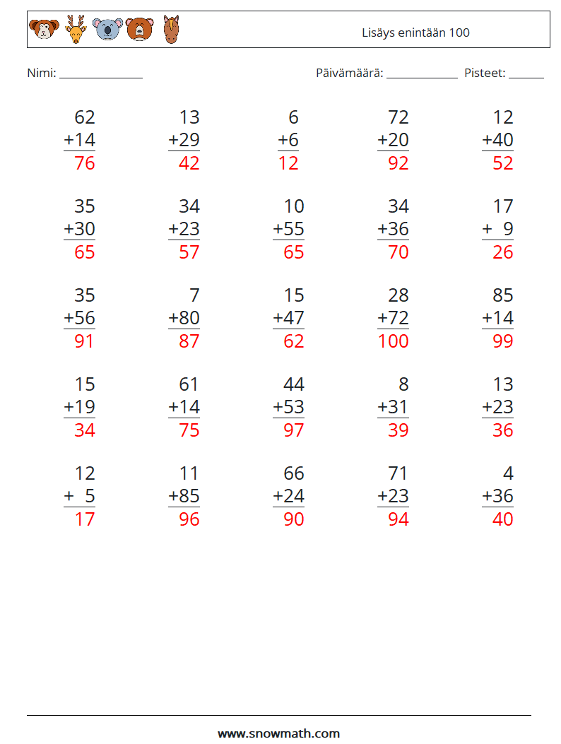 (25) Lisäys enintään 100 Matematiikan laskentataulukot 3 Kysymys, vastaus