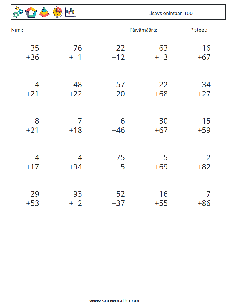 (25) Lisäys enintään 100 Matematiikan laskentataulukot 4