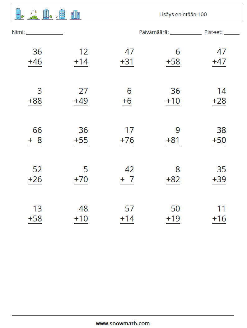 (25) Lisäys enintään 100 Matematiikan laskentataulukot 5