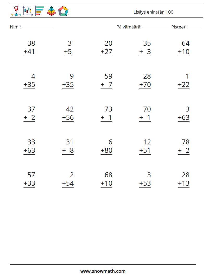 (25) Lisäys enintään 100 Matematiikan laskentataulukot 6