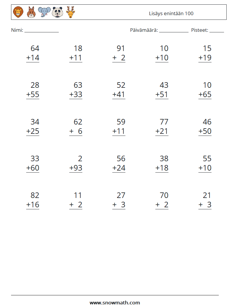 (25) Lisäys enintään 100 Matematiikan laskentataulukot 7