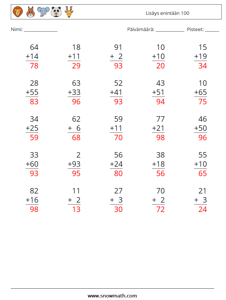 (25) Lisäys enintään 100 Matematiikan laskentataulukot 7 Kysymys, vastaus