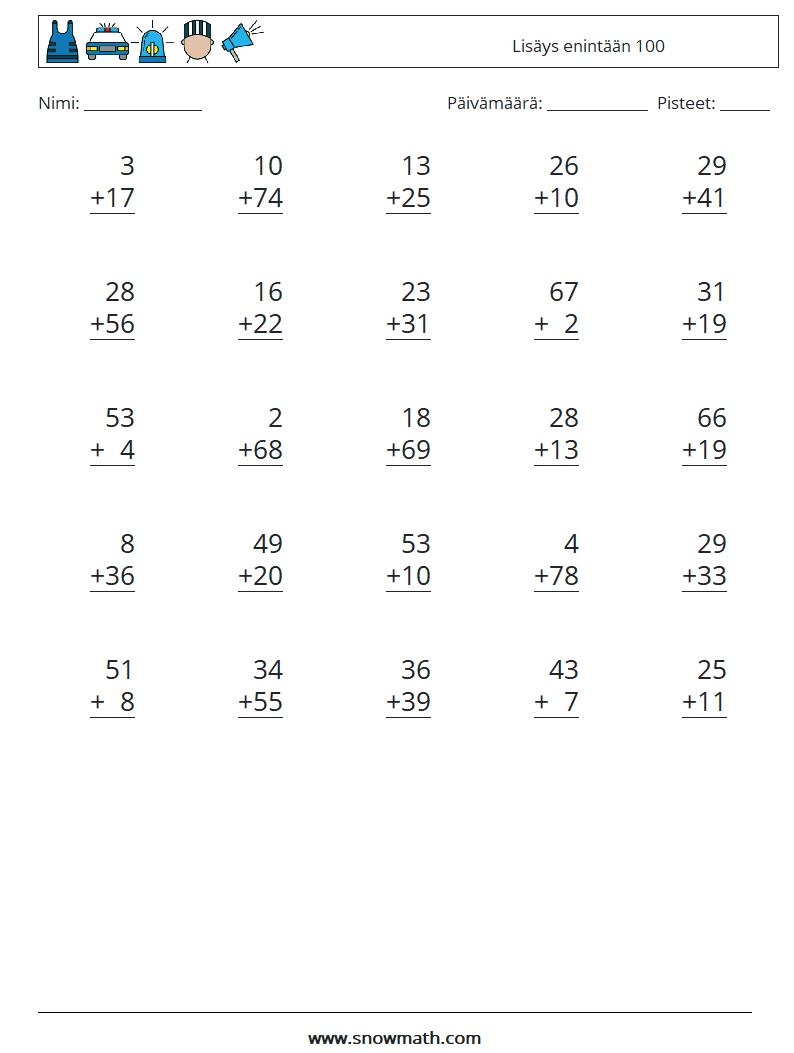 (25) Lisäys enintään 100 Matematiikan laskentataulukot 8