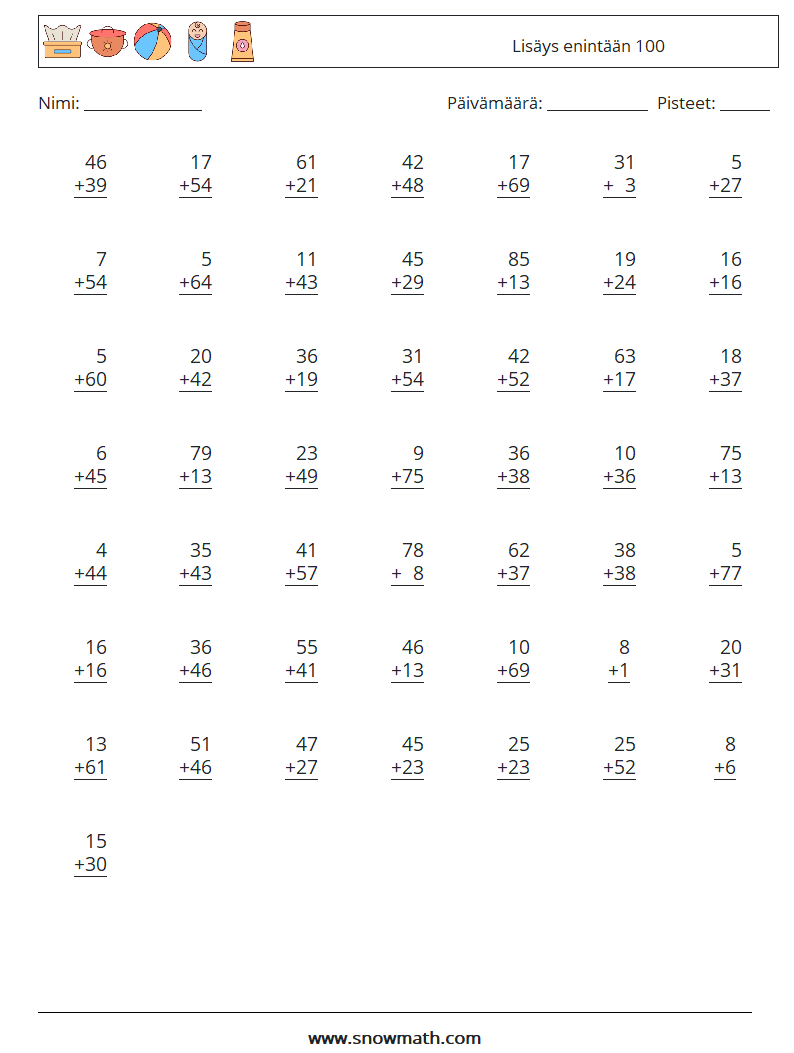 (50) Lisäys enintään 100 Matematiikan laskentataulukot 1