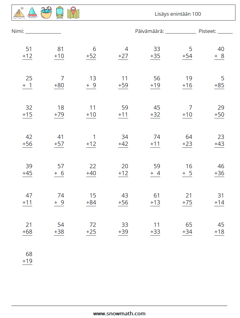 (50) Lisäys enintään 100 Matematiikan laskentataulukot 10