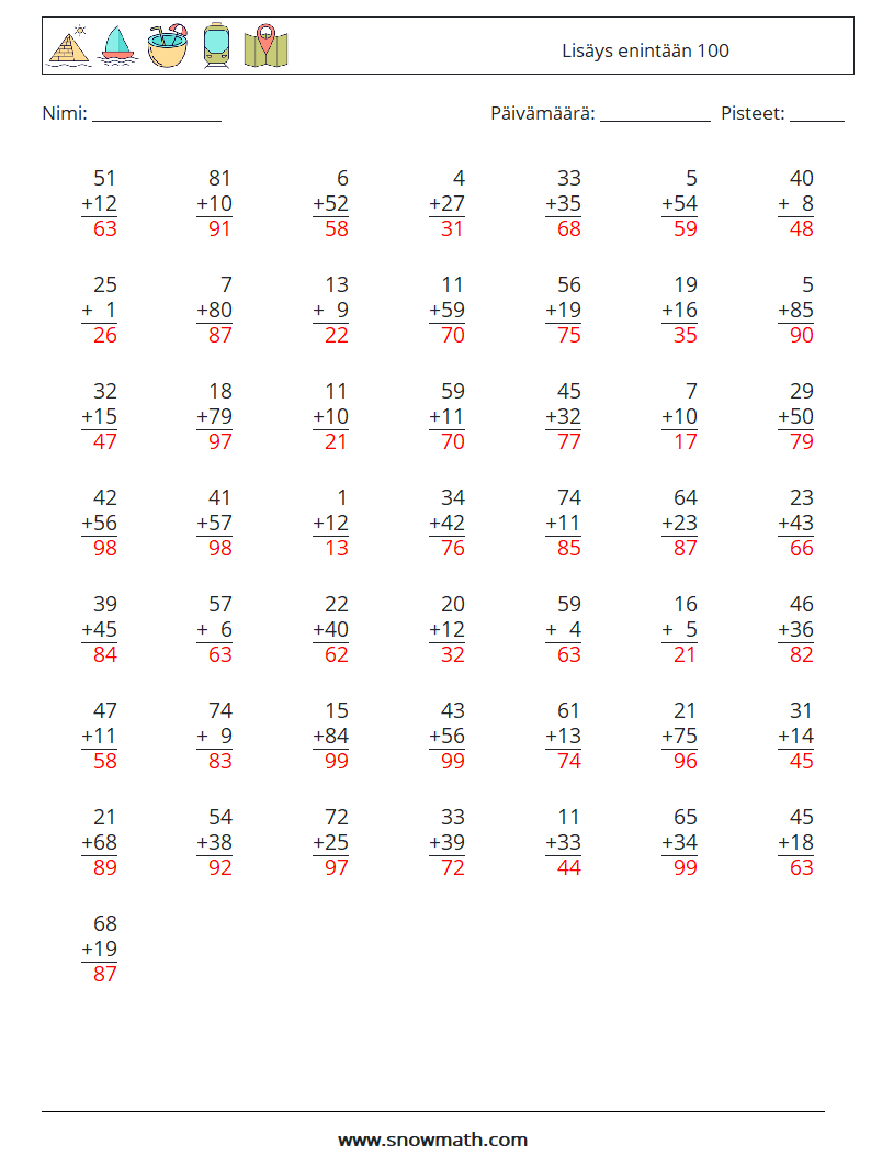 (50) Lisäys enintään 100 Matematiikan laskentataulukot 10 Kysymys, vastaus