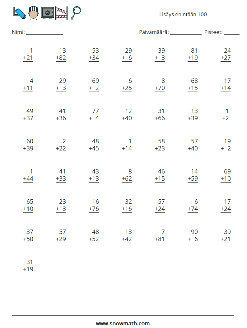 (50) Lisäys enintään 100 Matematiikan laskentataulukot 11