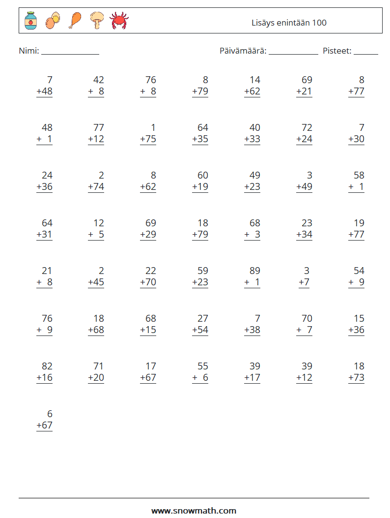 (50) Lisäys enintään 100 Matematiikan laskentataulukot 12