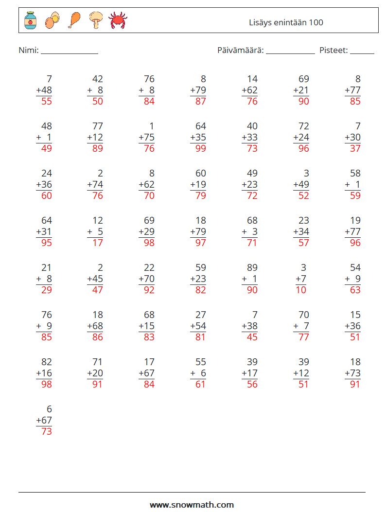 (50) Lisäys enintään 100 Matematiikan laskentataulukot 12 Kysymys, vastaus