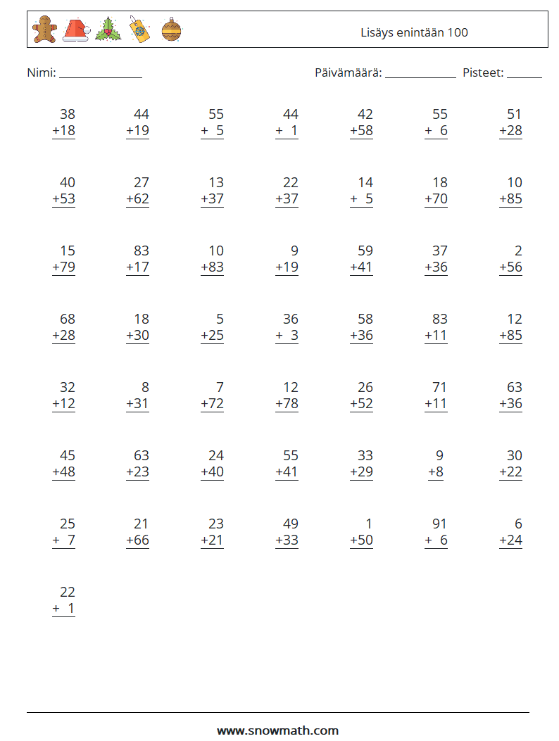 (50) Lisäys enintään 100 Matematiikan laskentataulukot 13