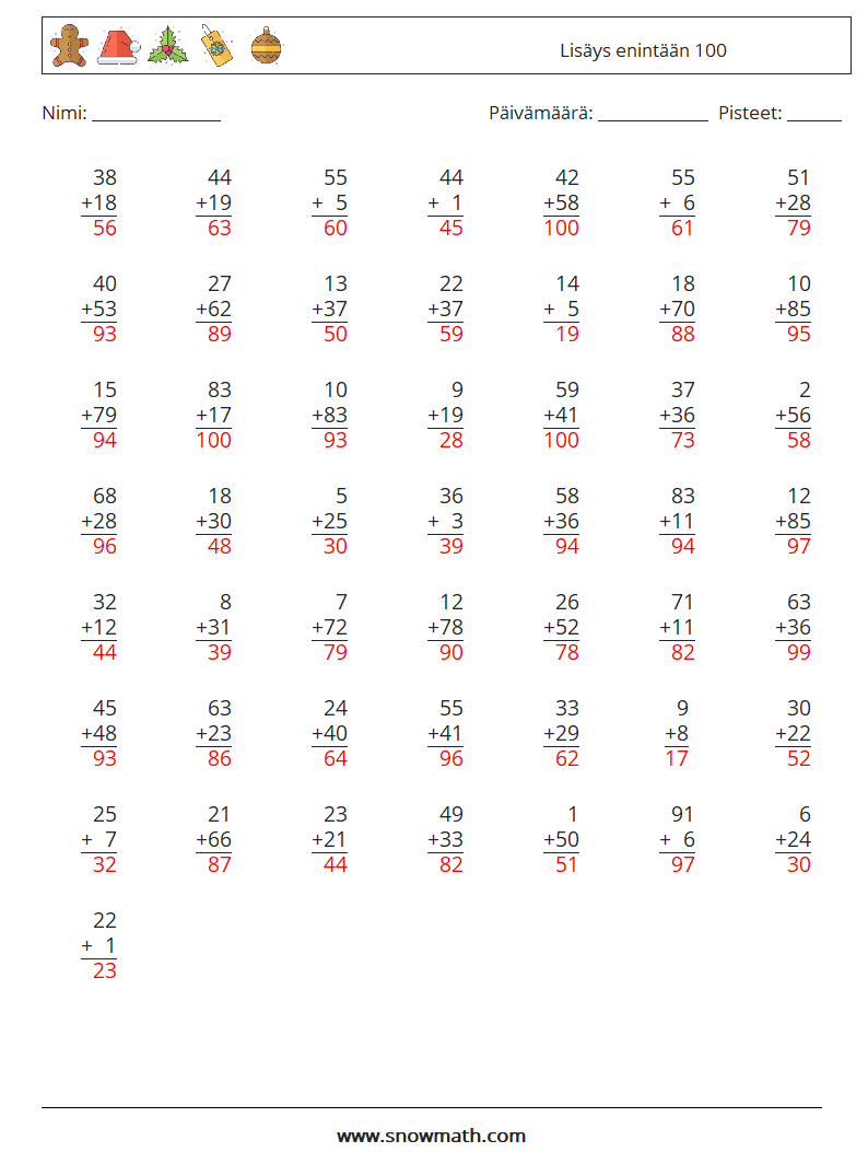 (50) Lisäys enintään 100 Matematiikan laskentataulukot 13 Kysymys, vastaus