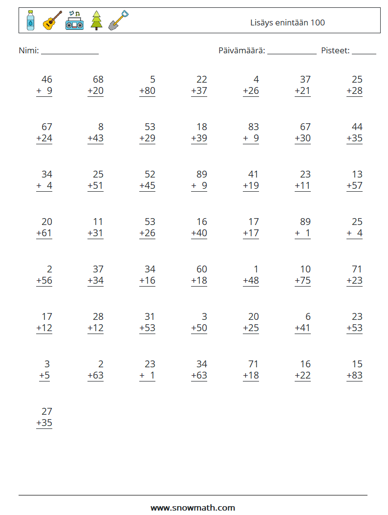 (50) Lisäys enintään 100 Matematiikan laskentataulukot 14