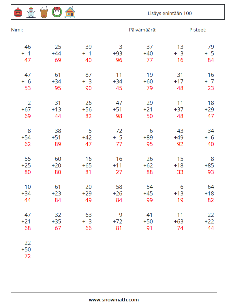 (50) Lisäys enintään 100 Matematiikan laskentataulukot 15 Kysymys, vastaus