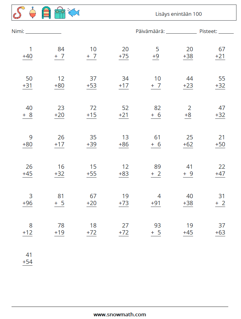 (50) Lisäys enintään 100 Matematiikan laskentataulukot 16