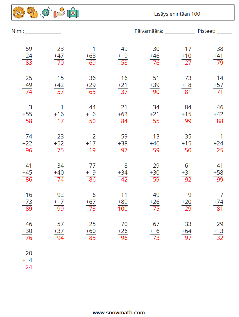 (50) Lisäys enintään 100 Matematiikan laskentataulukot 17 Kysymys, vastaus