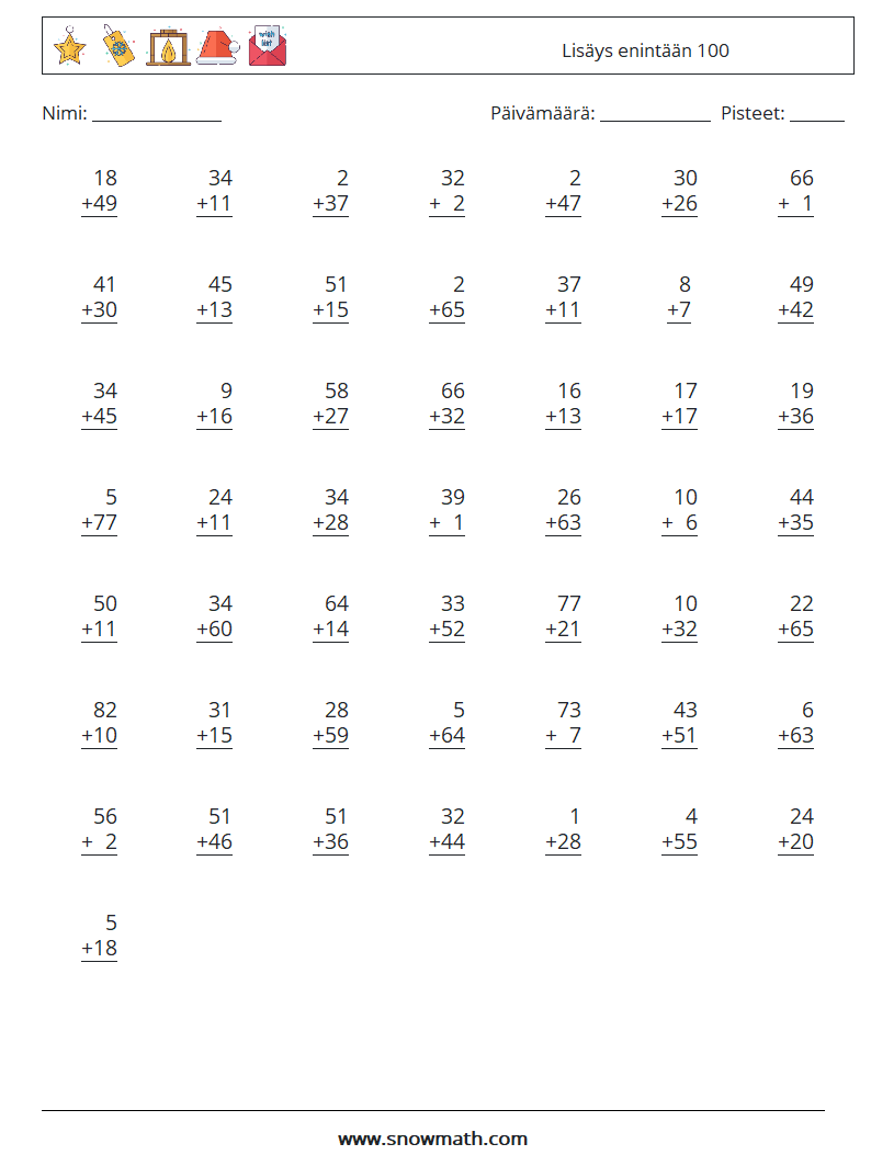 (50) Lisäys enintään 100 Matematiikan laskentataulukot 18