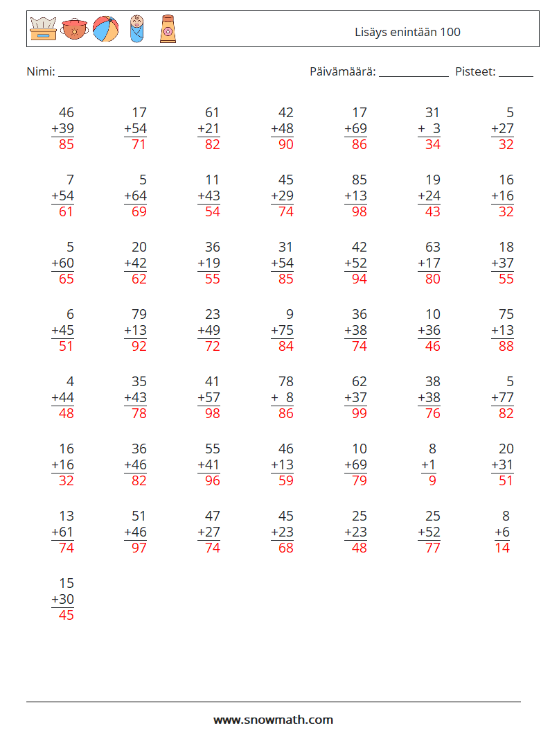 (50) Lisäys enintään 100 Matematiikan laskentataulukot 1 Kysymys, vastaus