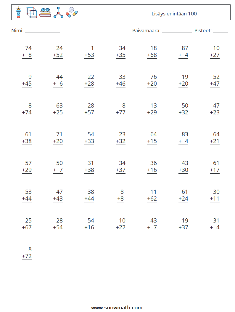 (50) Lisäys enintään 100 Matematiikan laskentataulukot 3