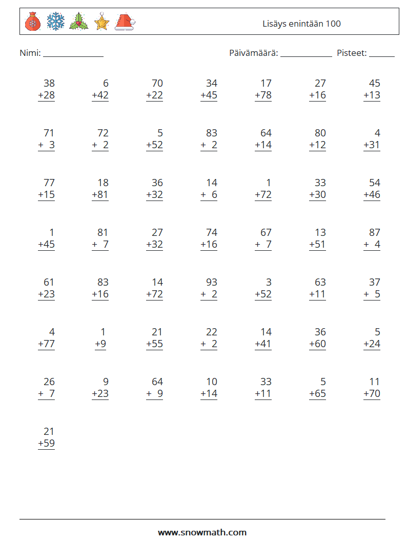 (50) Lisäys enintään 100 Matematiikan laskentataulukot 4