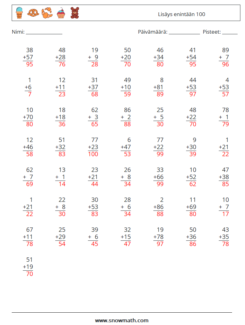 (50) Lisäys enintään 100 Matematiikan laskentataulukot 5 Kysymys, vastaus