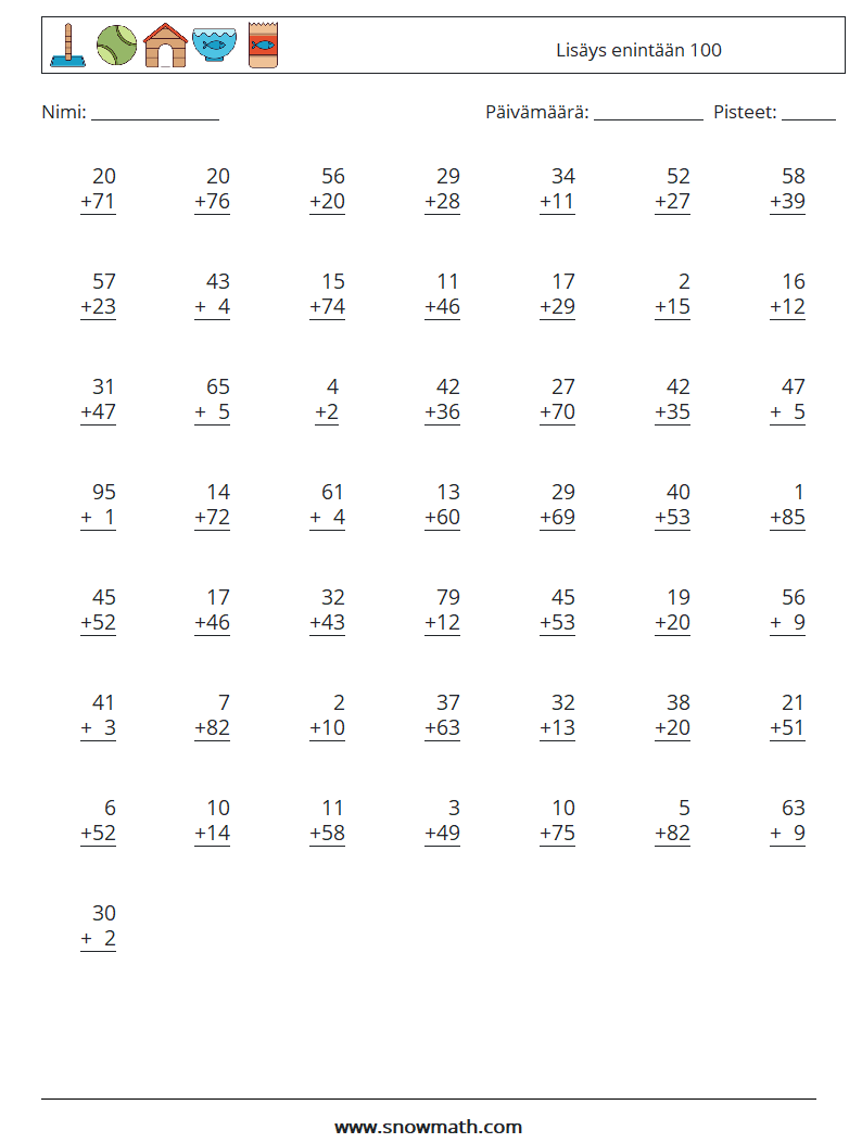 (50) Lisäys enintään 100 Matematiikan laskentataulukot 6